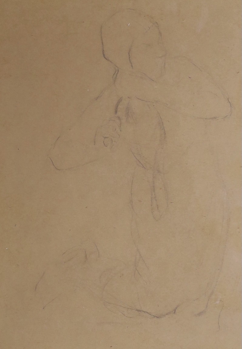 Charles Shannon (1863-1937), pencil on buff paper, Sketch of a woman brushing her hair, Ruskin Gallery label verso, 24 x 17cm